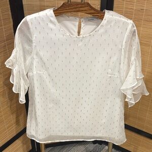 mandee White Blouse with Gold Dot Detail and Ruffle Sleeves